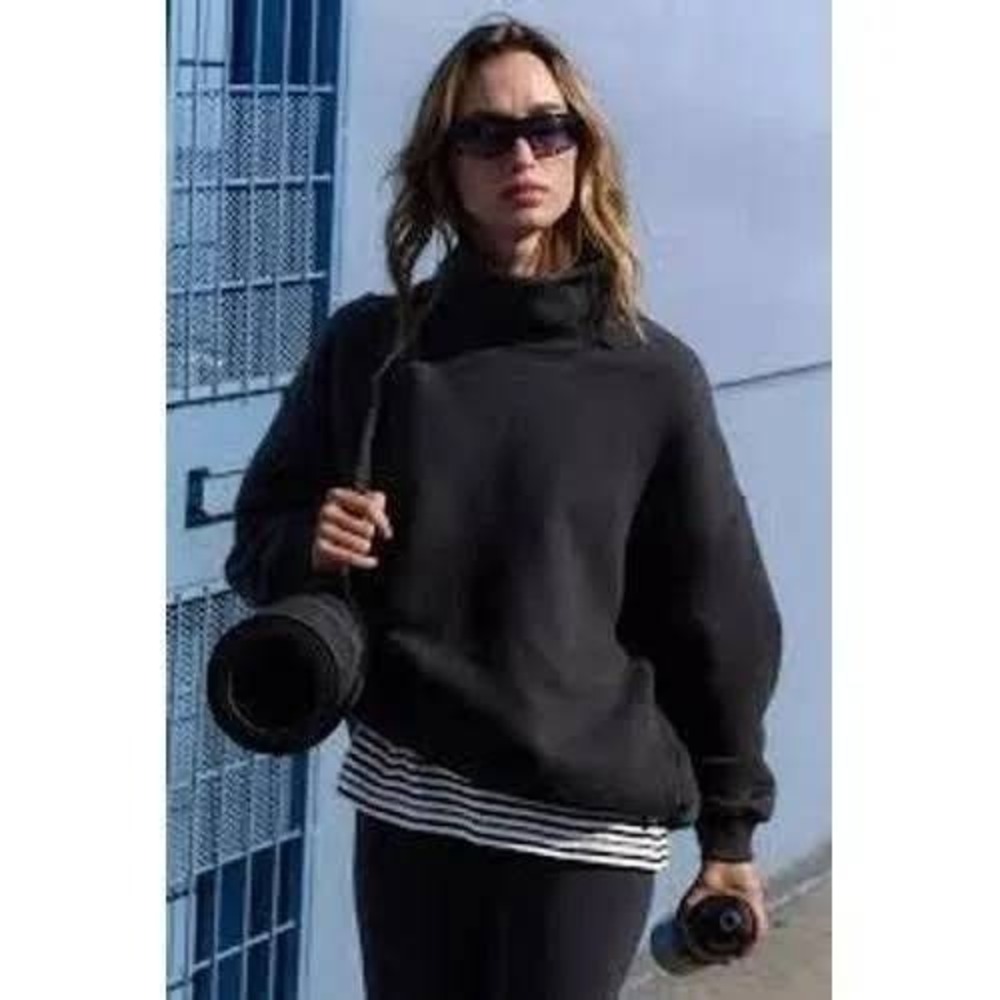 Free People pullover funnel neck black heavy ribbed SM fall cozy cotton knitwear